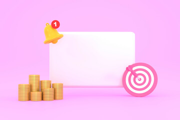Empty reminder pop up, notification bell icon with darts and coins.