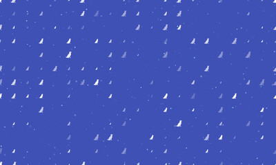 Seamless background pattern of evenly spaced white dog symbols of different sizes and opacity. Vector illustration on indigo background with stars
