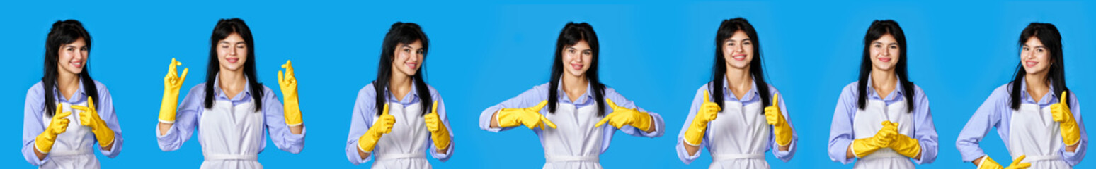 woman in gloves and cleaner apron pointing fingers to camera