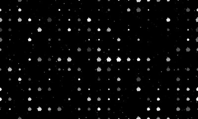 Seamless background pattern of evenly spaced white piggy bank symbols of different sizes and opacity. Vector illustration on black background with stars