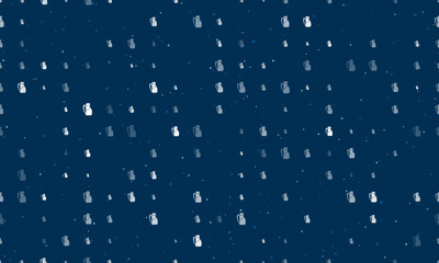 Seamless background pattern of evenly spaced white travel backpack symbols of different sizes and opacity. Vector illustration on dark blue background with stars