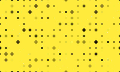 Seamless background pattern of evenly spaced black poker chip symbols of different sizes and opacity. Vector illustration on yellow background with stars