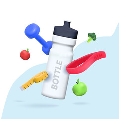 Sports 3d elements, a bottle of water, a kettlebell, an elastic band for sports.