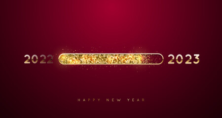 Loading Bar 2023. Happy New Year horizontal banner with bright shiny loading progress bar, golden glitter and sparkles. Expectation of the holiday.