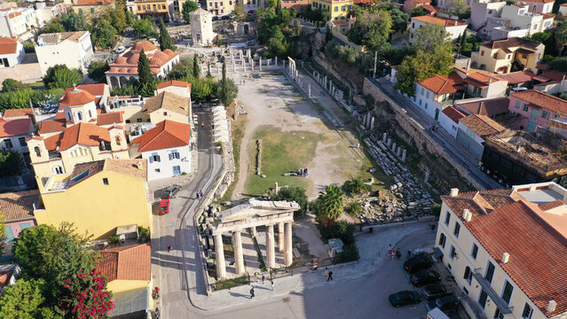 Aerial drone photo of iconic ancient Roman forum in the heart of historic Plaka, Athens, Attica, Greece