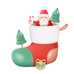 Santa Claus in Christmas Red Sock Isolated on White Background. Christmas Tree and Gift Box. 3D Design Vector Illustration