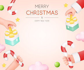 Christmas Greeting Card with Santa Claus Hand Holding Gift Box and Candy Cane. Human Arm Giving Present. Place for Text. Vector 3d Illustration