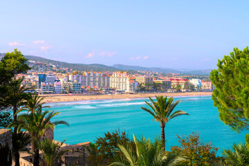 Peniscola Costa del Azahar Spain town and sea view with palm trees