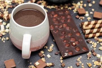 Chocolate granola cereals with chocolate milk and waffle rolls
