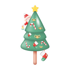 3D Decorated Christmas Tree with Santa Claus. Vector Illustration Isolated on White Background