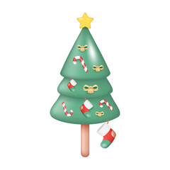3D Decorated Christmas Tree with Santa Stockings. Vector Illustration Isolated on White Background