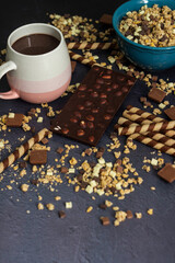 Chocolate granola cereals with chocolate milk and waffle rolls