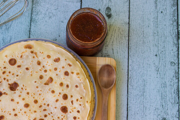 Homemade pancakes with a jam of a fig