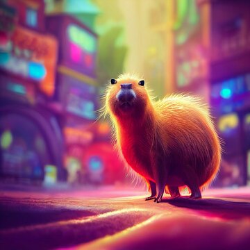 3D rendered computer-generated image of adorable kawaii Capybara walking outside in neon light city. guinea pig. AI