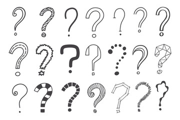 Question marks set hand drawn sketch vector illustration. A sign of riddles, a symbol of problems and uncertainty.