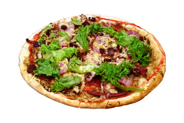 pizza with meat and greens close-up, isolate