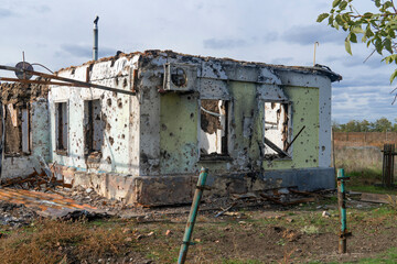 War in Ukraine. 2022 Russian invasion of Ukraine. Countryside. House destroyed by shelling....