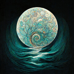 Dream of a different full moon, moon becoming a nautilus or a shell, imaginary moon, illustration, art, ai, digital, beautiful moon, card