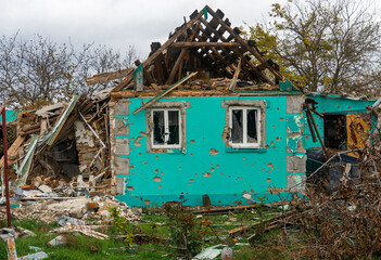 War in Ukraine. 2022 Russian invasion of Ukraine. Countryside. House destroyed by shelling....