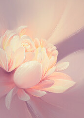 drawing of delicate peony in pastel colors with elements of light particles
