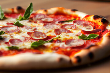 Hot homemade pepperoni pizza ready to eat