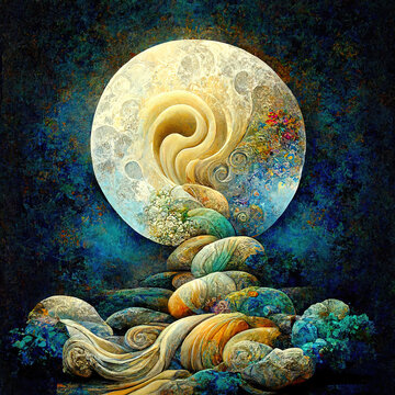 Dream of a different full moon, moon becoming a nautilus or a shell, imaginary moon, illustration, art, ai, digital, beautiful moon, card