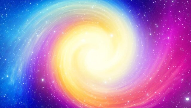 Flying through stars that rotate in a circular pattern on a background of a bright multicolored energy spiral in a space environment. Looping video. 3d Rendering