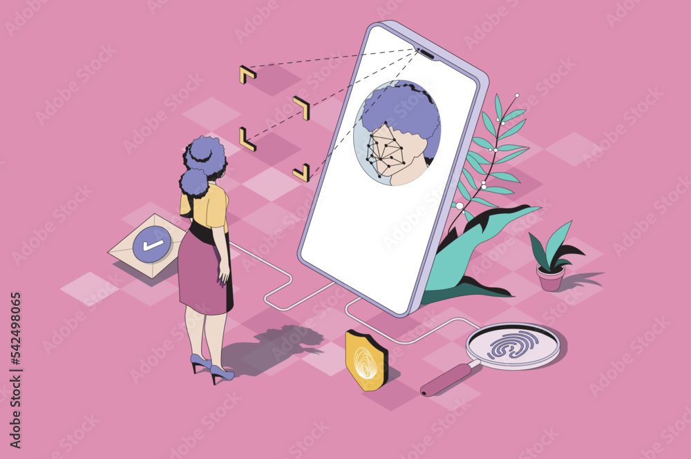 Poster Biometric control web concept in 3d isometric design. Woman uses secure access with face recognition and fingerprint scan authentication methods. Vector web illustration with people isometry scene