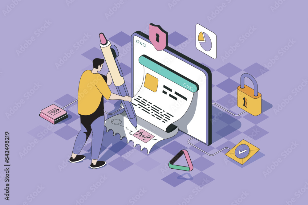 Poster Electronic contract web concept in 3d isometric design. Man signing legal document in online form with digital signature on smartphone or laptop. Vector web illustration with people isometry scene