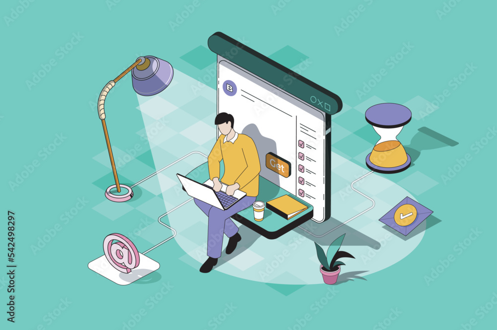 Leinwandbilder Freelance work web concept in 3d isometric design. Man working on laptop and making tasks remotely, connecting with colleagues online from home. Vector web illustration with people isometry scene