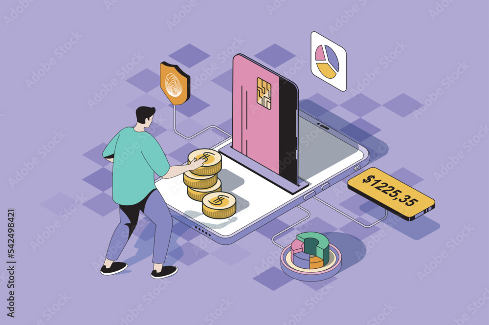 Aufkleber mobile banking web concept in 3d isometric design. man manages financial account and balance, makes 