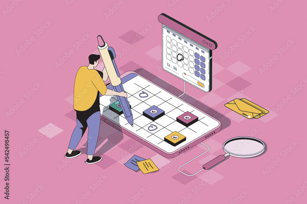 Poster Mobile organizer web concept in 3d isometric design. Man marks meetings in calendar, writes notes and sets reminders, plans time and tasks in app. Vector web illustration with people isometry scene