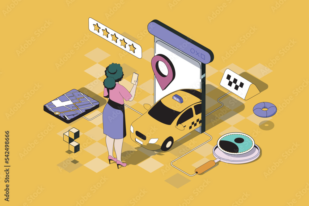 Aufkleber taxi booking web concept in 3d isometric design. woman holding smartphone with taxi application, ord