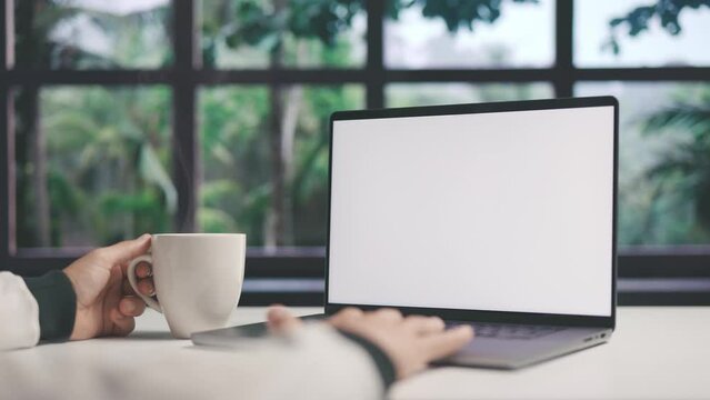 Man working at desktop with laptop and cup of steaming coffee, computer with blank white screen of copy space, window and trees view