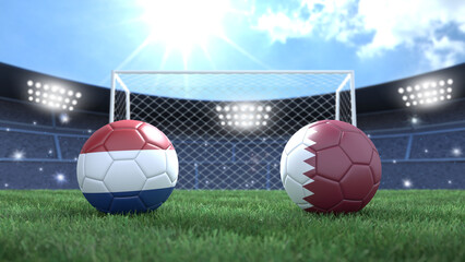 Two soccer balls in flags colors on stadium bright blurred background. Netherlands and Qatar. 3d image