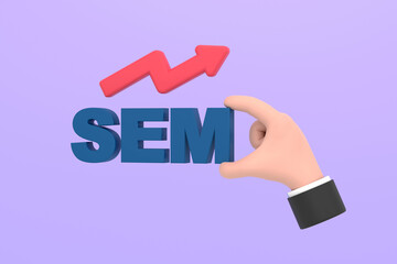 Cartoon hand hold keyword SEM for Search Engine Optimization and internet marketing