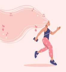 Fototapeta na wymiar Woman runner with flowing hair. Listening to music. Musical notes. Pink and purple. Athlete. Playful. Flat vector eps.