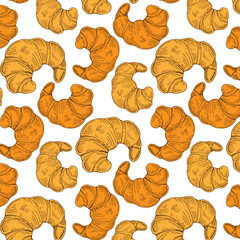 Seamless pattern of hand drawn delicious croissants. Modern flat illustration for print design.
