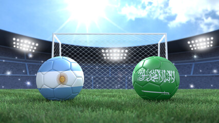 Two soccer balls in flags colors on stadium bright blurred background. Argentina and Saudi Arabia. 3d image