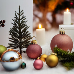 Beautiful Christmas scene with baubles a decorative mini Christmas tree, candles and snow, outdoors image