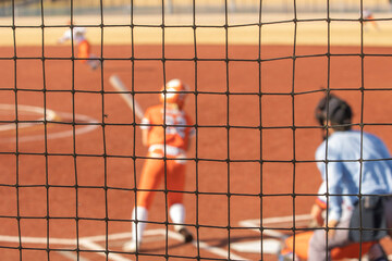 Fastpitch softball game on field focus on net.