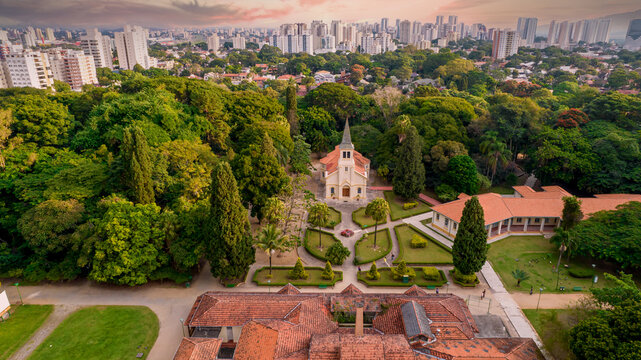 Aerial view of Parque Vicentina Aranha, Sacred Heart of Jesus Chapel, former sanatorium transformed into municipal park