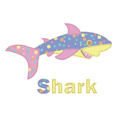 Patchwork vector drawing with a shark. Cute vector cartoon shark.  Baby Shower, greeting, holiday and invitation card. Applique with shark. Vector baby patchwork illustration. For print, web design