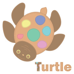 Patchwork vector drawing with a turtle. Cute vector cartoon turtle.  Baby Shower, greeting, holiday and invitation card. Applique with sea turtle. Vector baby patchwork illustration.  For print.