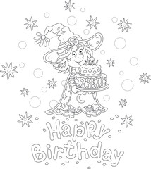 Happy birthday card with a funny little witch holding a fancy sweet cake decorated with burning candles, black and white outline vector cartoon illustration