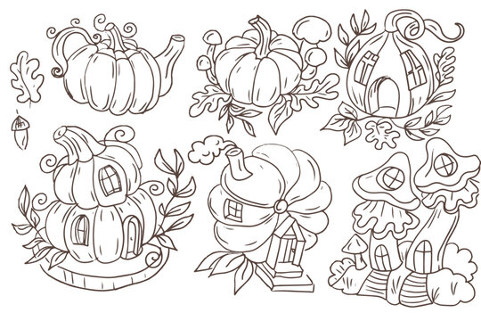 
House pumpkin fabulous magical children's cartoon character forest mushrooms leaves hand drawn sketch doodle graphics separately on a white background