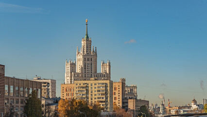 Fototapeta na wymiar City landscape with high-rise building on Kotelnicheskaya Embankment. Moscow, Russia.