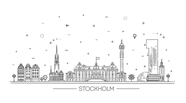 Stockholm, Sweden. This illustration represents the city with its most notable buildings