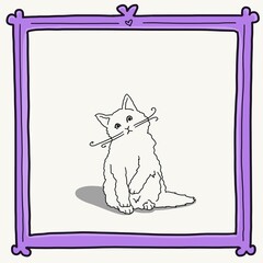 Cartoon inspired pet portrait illustration hand drawn long hair white cat design with head tilt whiskers and shadow within lilac purple frame