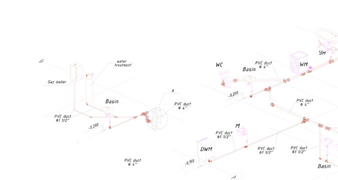 Water Supply And Sewerage System In The House. Blueprint, Isometric.